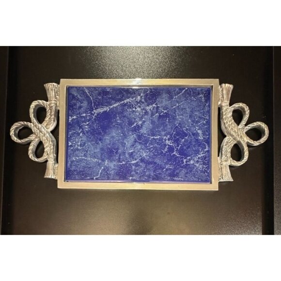 Vtg Lamosa Mexican Serving‎ Tray Blue Marble Pewter Ornate Handles Handmade - Picture 5 of 12